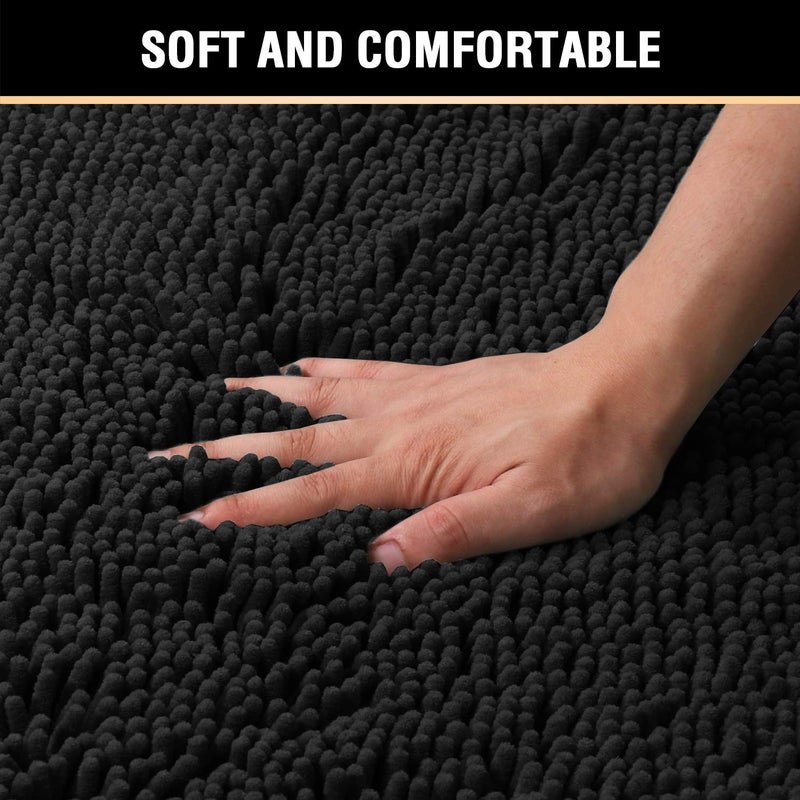 H.VERSAILTEX 20x32 Bath Mat Non-Slip Bathroom Rug Shag Shower Mat Machine-Washable Bath Mats with Water Absorbent Soft Microfibers Chenille Plush Rugs - Black - Image 3